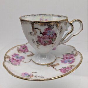 Napcoware Porcelain Cup Saucer Pink White Floral Scalloped Edges Japan Vintage